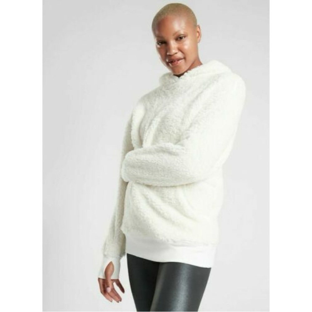 Athleta Reversible Sherpa Sea Salt Soft White Hoodie Sweatshirt Cozy Warm Hood